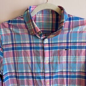 Boys Vineyard Vines Performance Blue/Pink Plaid Long Sleeve Button Down Large 16